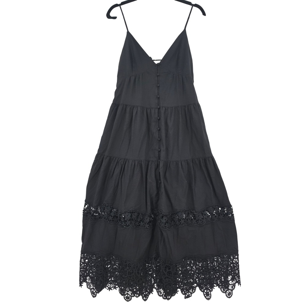 HM Black Eyelet Lace Tiered Midi Dress Sleeveless V-Neck Cotton Blend Small